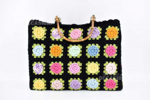 Bolsa Mujer Hecho - Mano Crochet Floral Con Asas Bambú 40x30 Cm