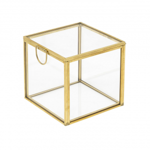 Scatola quadrata in vetro e metallo dorato