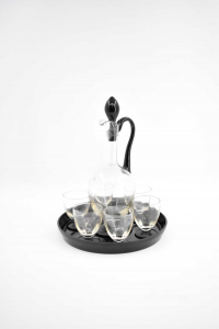 Set From Liqueur In Glass Transparent Black Botle Tray + 6 Shot Glasses