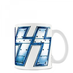 Tazza mug bianca con scritta blu Kiss in ceramica con manico