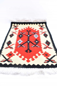 Carpet Small In Wool Red Beige Black Light Blue 55x39 Cm