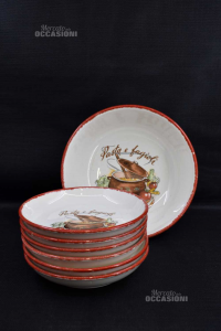 Bowl + 6 Plates Paste And Fagioli White Bordo Red