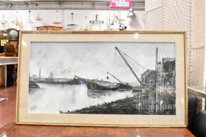 Pintura Pintado Fael B.63 Paisaje Puerto Industrial Con Barcos Y Grúa 63x113cm