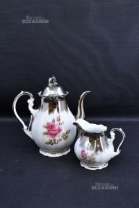 Teapot With Milk Jug In Ceramia White Silver Flowers Pink Bavaria 18 And 9 Cm