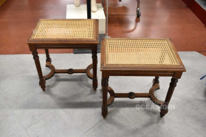 Pair Of Wooden Stools With Intertwining Style Straw Of Vienna