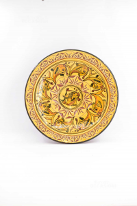 Terracotta Plate Enameled Yellow With Fish 42 Cm