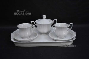 Coffee Service 2 People Ceramic White With Sugar Bowl And Tray