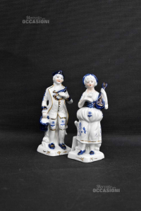 Coppia Statuine In Ceramica Capodimonte Lui E Lei Bianco Blu Dorato H 16 Cm