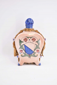 Bottiglia In Ceramica Beige Con Tappo Blu Disegno Stemma 27 Cm