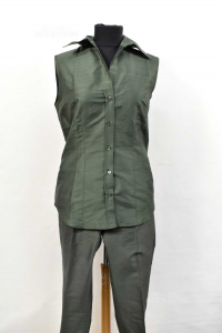 Completo Donna Xetra 100% Seta Verde Camicia + Pantalone Alla Pescatora